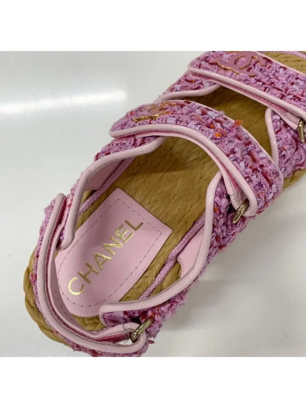 Chanel Tweed Patent CC Logo Velcro Sandals Pink